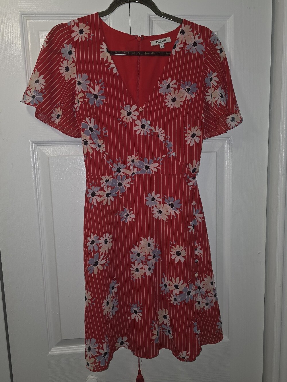 Madewell Red Floral Striped Button Detail Wrap Dress Size 4